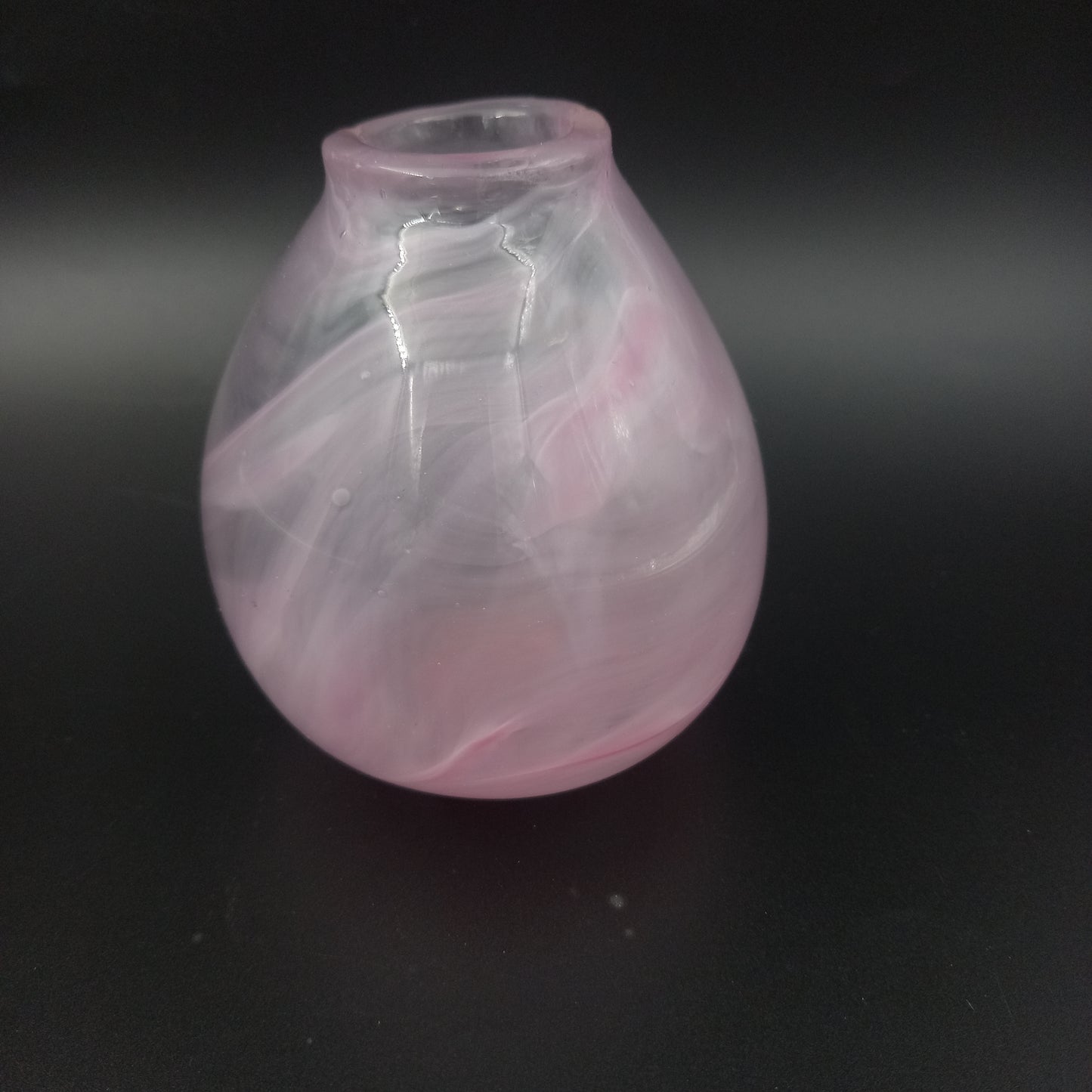 Handcrafted Small Round Glass Vase – Pink & White Accents